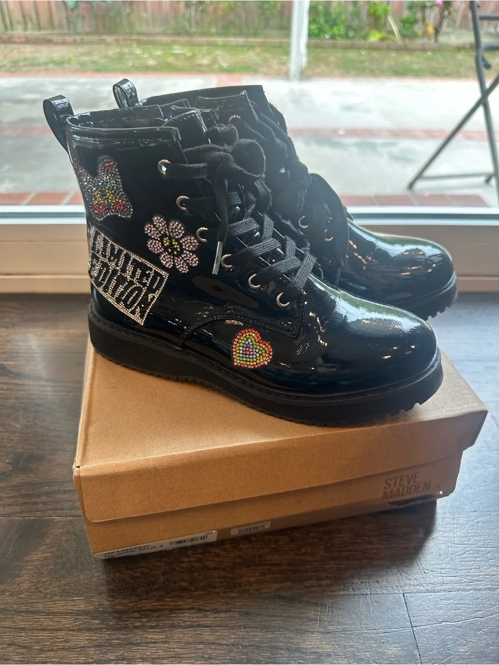 Limited Edition Steve Madden Kids Black Patent rainbow Embellished add-ons Boots